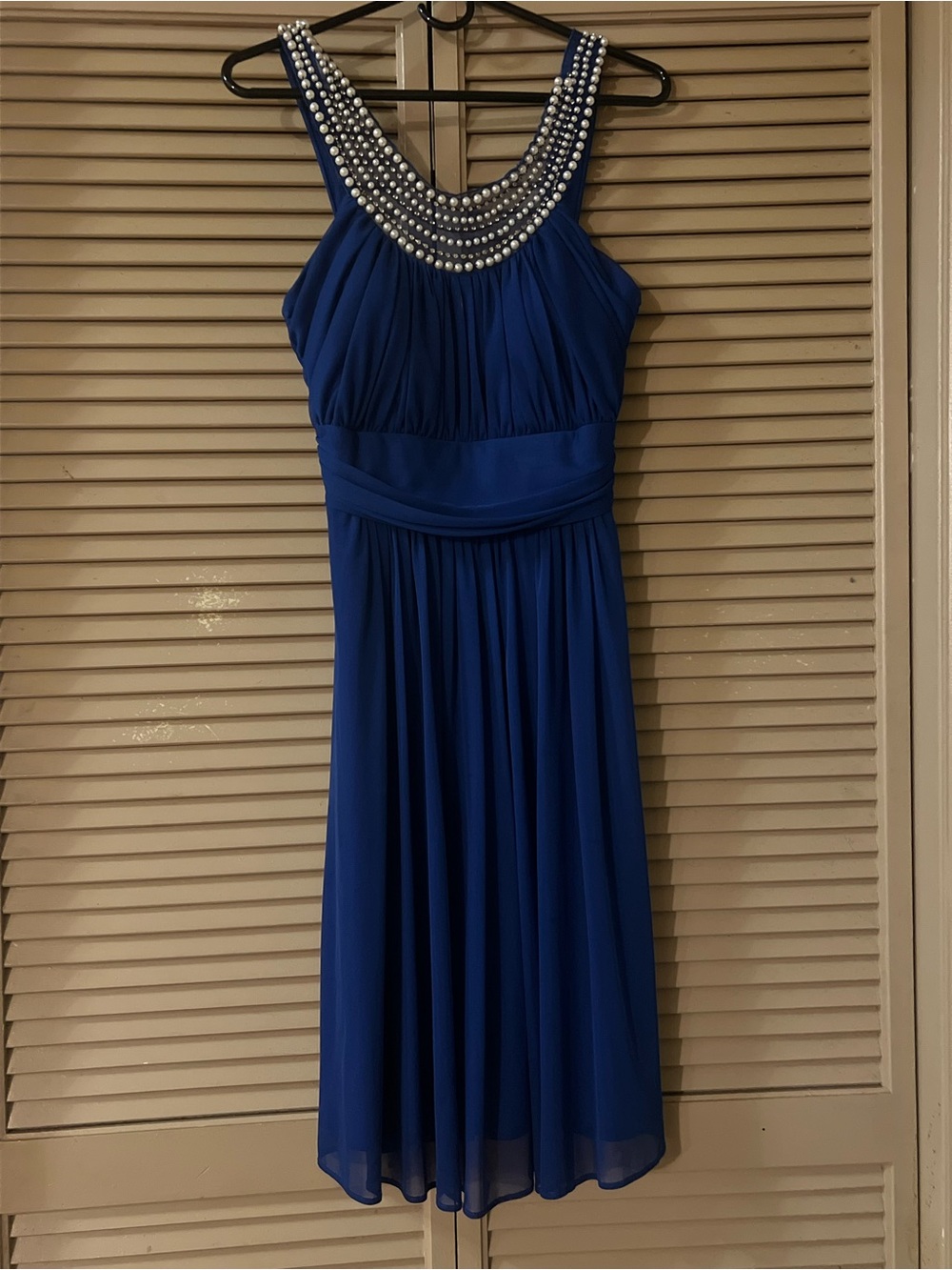 Beaded-Neck Royal Blue Midi Dress